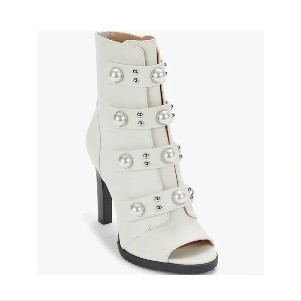 KARL LAGERFELD White Embellished Brayden Stiletto Leather Booties NWT